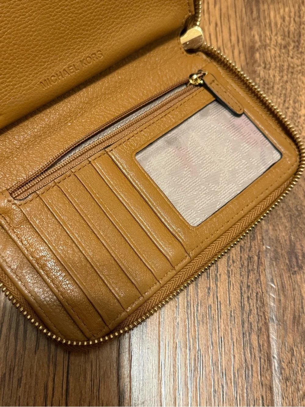 Michael Kors Tan Brown Leather MK Logo Zip Wristlet